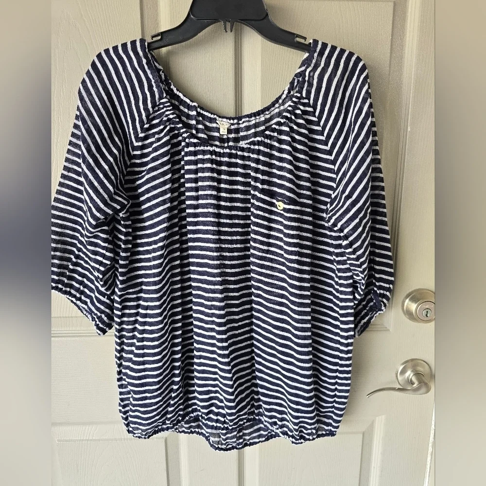 J Crew Sheeer Blouse  Medium Women Navy Blue White Striped Cotton See Thru